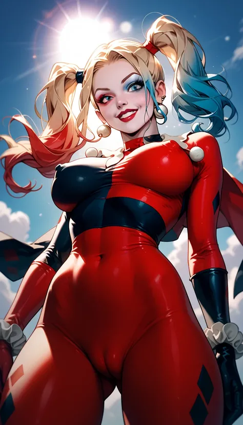 Supergirl and harley quinn red and black classic outfit,Large breasts,clothed,Lens Flare, Large breasts, erect nipples, cameltoe 