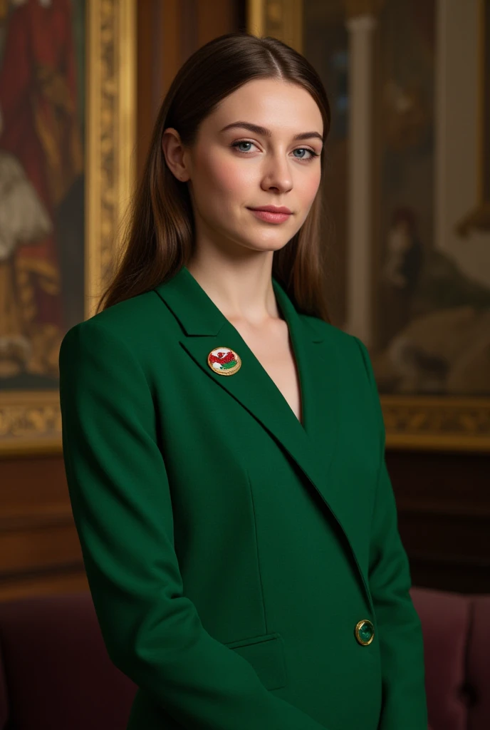 Princess of Wales, Brown Hair, Blue Eyes, 20 years old, elegant modern green clothes with welsh pin, royal, whole body, photorealistic photograph, noble background