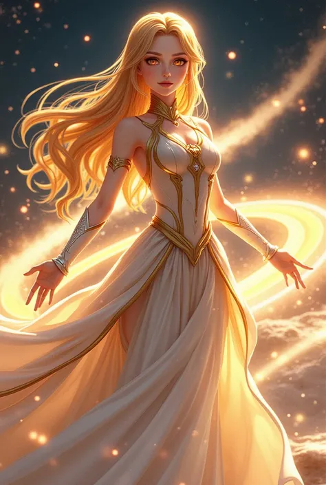 "4K anime style quality, digital drawing mode, Saturn-themed female character, long flowing golden hair with streaks of silver rings, glowing amber eyes, wearing an elegant golden and white gown with a ring-shaped pattern that spins around her waist, surro...