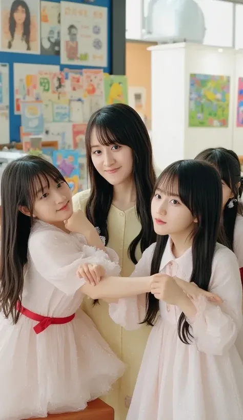 "A Japanese female kindergarten teacher surrounded by a group of young ren in a colorful classroom. She is smiling warmly as she kneels down to interact with the ren, who are happily playing or holding hands. The ren are dressed in cute, colorful clothes, ...