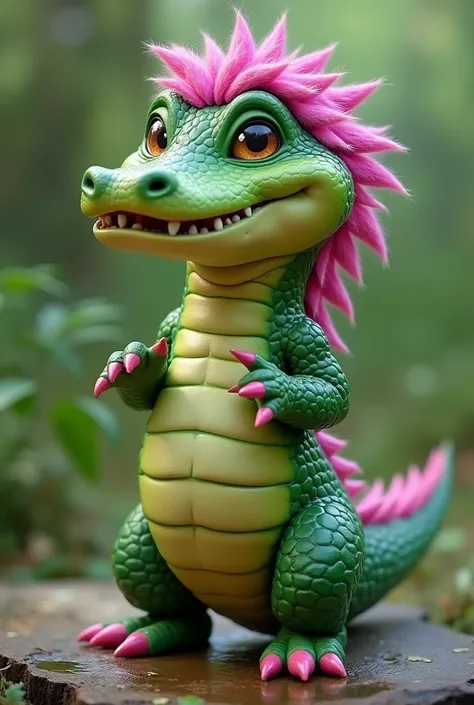 alligator, standing, cub, beautiful, fofo,  funny, green and pink and purple,with pink hair 