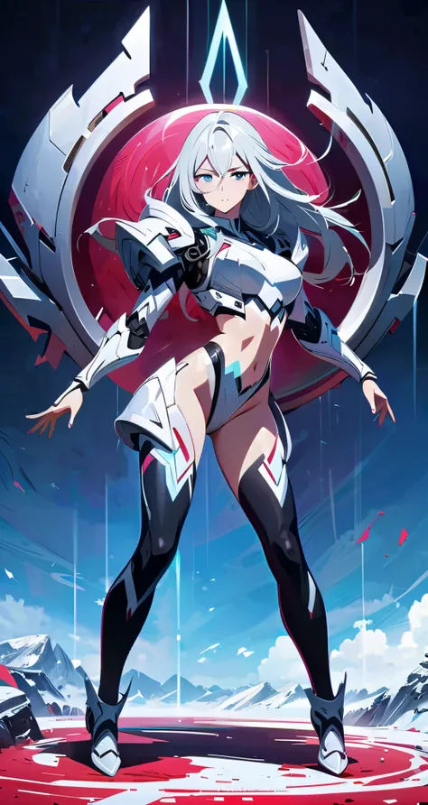 (masterpiece), (best quality), (ultra-detailed), ( 8K) , anime girl wear a Crop Top Armor with shiny black metallic leggings, Cyber Russia Background, Frost Aura Body, Archon Power, Silver Frost Hair, Light Gray Eye, Perfect Body, with mechanical body, ver...