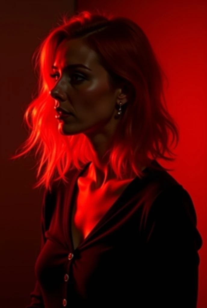 there is a woman with red hair and a black top, red and cinematic lighting, posing in dramatic lighting, dramatic low-key lighting, dramatic intense lighting, 7 0 mm dramatic lighting, 7 0 mm. dramatic lighting, redhead woman, redhead girl, beautiful portr...