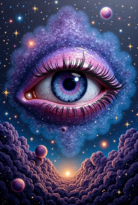 Relief picture size 100*70 cosmic galaxy magic eye lighting gold interesting, harmonize and orthodox, high quality and more detailed. Eye is realistic. Violet and purple colors. Van Gogh style