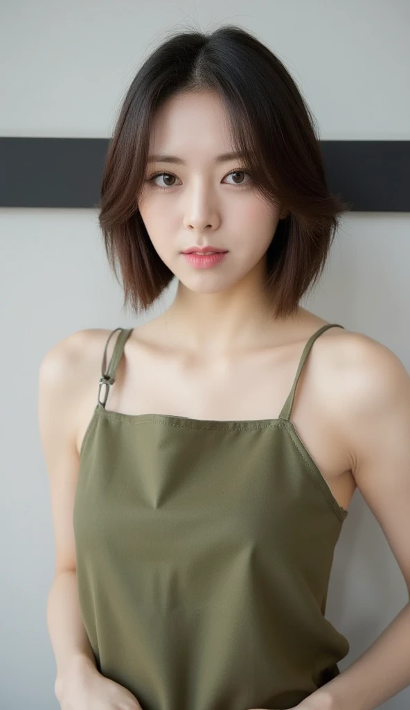 8k, masterpiece, highest quality, Korea's Beautiful Women, Close-up, front-view, short brown bob, olive-green apron, thin straps, lightweight material, neutral expression, hands at waist, light-colored wall, dark horizontal bar.
