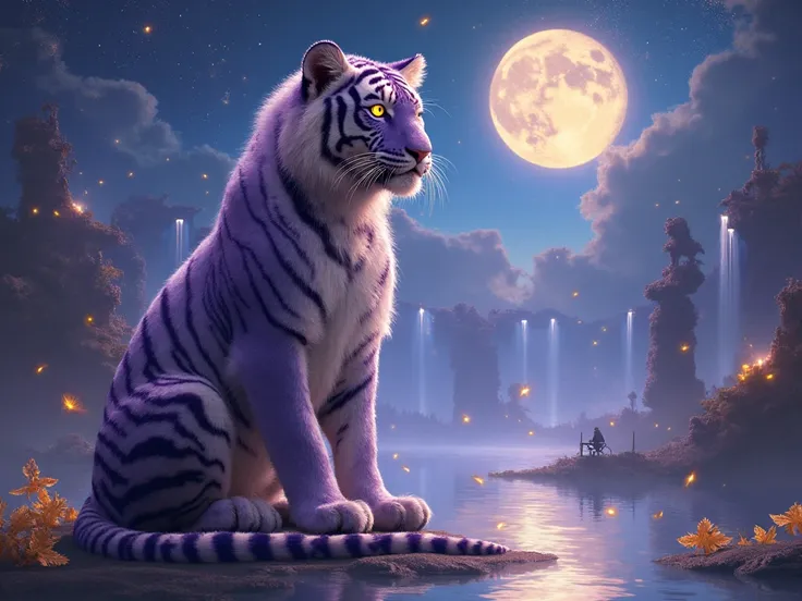 A dreamlike, fairy-tale illustration of a mystical tiger sitting with regal elegance on a reflective surface, its posture exuding strength and wisdom. Its head is held high, eyes glowing with an ancient, knowing gaze. The tiger’s fur is a deep twilight pur...