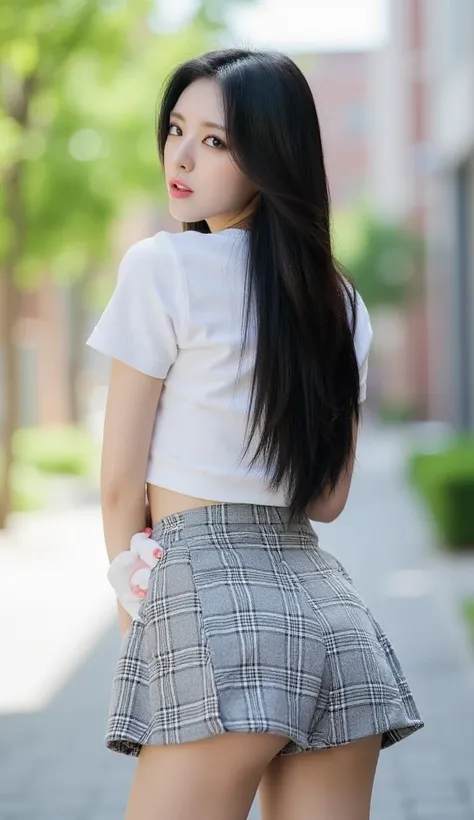 32k, Masterpiece, Top Quality, (Korea's Beautiful Women) Rear view, long dark hair, short-sleeved shirt, plaid mini-skirt, suggestive pose, bending, outdoor street setting, buildings, vegetation, daytime, bright lighting, blurred background.