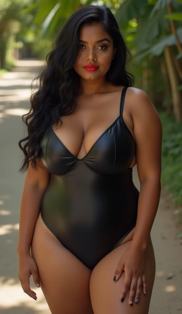 Stunning dark skin Sri Lankan plus size 18-year old hourglass figure voluptuous model posing for a photoshoot, wearing black latex swimsuit, outdoors, super curvy hourglass figure, red lipsticks and black nail polish, (thick legs:1.3)