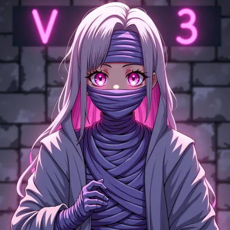  high quality,  High resolution, detailed photorealistic illustration ,  anime character,  game character , real, female mummy ,   from inside the body ,  bright eyes,  ascending static eye shock  ,  full of head and face covered with a bright purple banda...