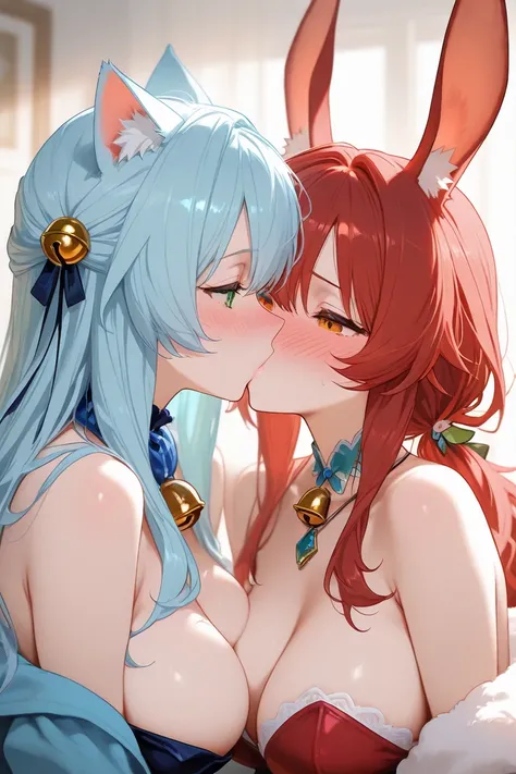  rabbit girl, red long hair,orange eyes,Blue necklace,cat girl,light blue long hair,green eyes,bell hair accessory,kiss,sexy,nose blush