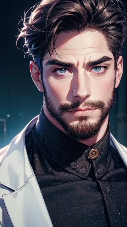 (  stupid,4K,8k,  highres,  masterpiece:1.2),  ultra-detailed,(realistic,photorealistic,photo-realistic:1.37),36-year-old man,3 day beard,cute anime ,Portraits,strong,Masculine,  dark hair,sharp jaw,    mesmerizing eyes    ,  perfectly combed hair,  cool a...