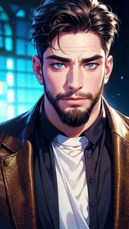 (  stupid,4K,8k,  highres,  masterpiece:1.2),  ultra-detailed,(realistic,photorealistic,photo-realistic:1.37),36-year-old man,3 day beard,cute anime ,Portraits,strong,Masculine,  dark hair,sharp jaw,    mesmerizing eyes    ,  perfectly combed hair,  cool a...