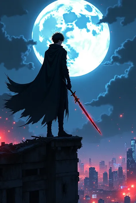 Un personnage de manga badass se tient au sommet d’un immeuble en ruines sous une pleine lune éclatante. Il porte un long manteau noir flottant au vent, avec une épée lumineuse dans une main et une aura énergétique intense autour de lui. Son regard perçant...