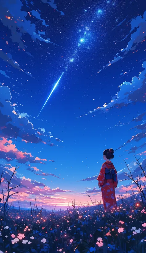 One, distant girl in kimono staring at the stars (reduced: 1.1), (meteor shower: 1.2), (comet: 1.1), your name, low angle, from behind, arrow labrealis shooting star, yukata, red kimono, cherry blossoms, highest quality standing in the field, masterpiece, ...