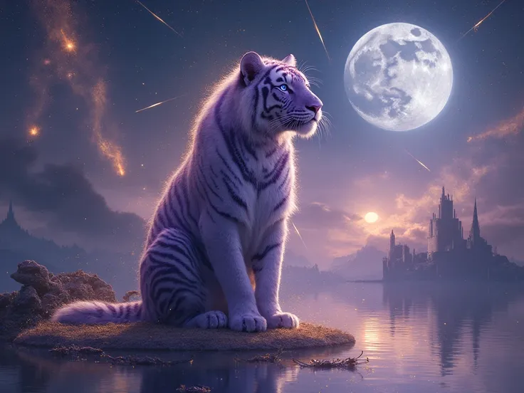 A dreamlike, fairy-tale illustration of a mystical tiger sitting with regal elegance on a reflective surface, its posture exuding strength and wisdom. Its head is held high, eyes glowing with an ancient, knowing gaze. The tiger’s fur is a deep twilight pur...