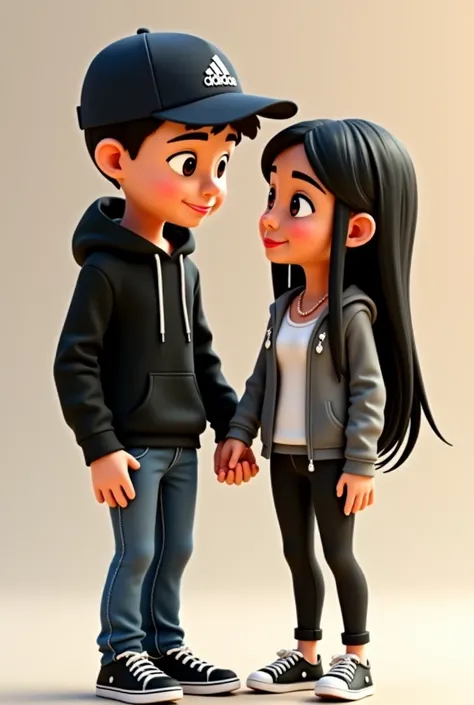  Make a pair in Pixar's animated style  ,  the couple must be holding hands  :  the boy's name is Alexis must measure 1 .78 ,  white skin, delgado,  is wearing an Adidas brand sun cap ,  short ass hair,  his black hooded sweater ,  jeans and Adidas shoes ,...