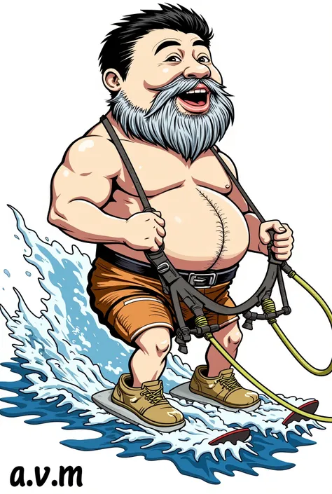  make a logo: a man with dark short hair, With a long gray beard and a protruding belly, he rides water skis holding on to a cable, tied to those dolphins, harnessed,  At the bottom is  "a.v.m.", grotesque pattern style