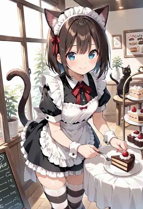 ((masterpiece, best quality, ultra detailed, high resolution, beautiful detailed face, beautiful detailed eyes, perfect hands)), (1 girl, solo, multiple cat), (cat ear and tail), (small breasts), (maid costume, maid headdress, maid apron), (black striped t...