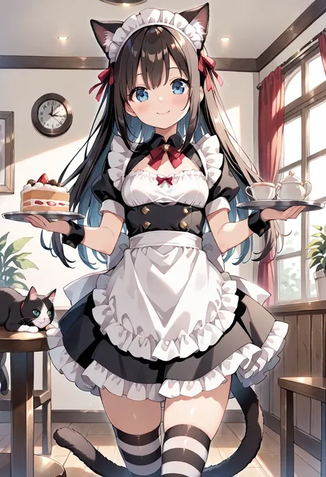 ((masterpiece, best quality, ultra detailed, high resolution, beautiful detailed face, beautiful detailed eyes, perfect hands)), (1 girl, solo, multiple cat), (cat ear and tail), (small breasts), (maid costume, maid headdress, maid apron), (black striped t...