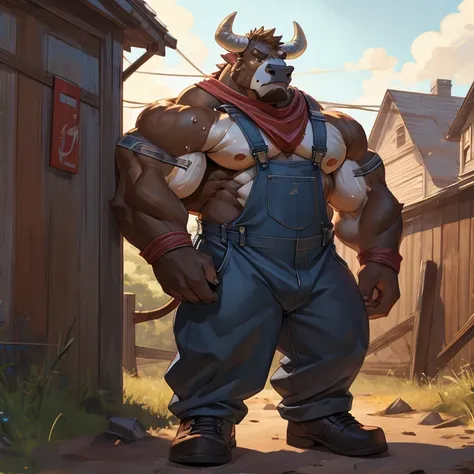 Male, bull, brown fur, strong body, farm suit, red bandana, blue overalls, no shoes, serious face, sweat, shirtless