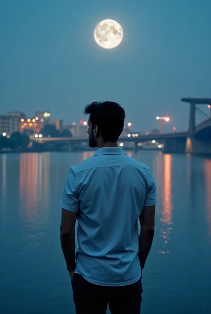 
"A man in a white shirt stands alone near a quiet river at dusk, looking at the full moon. His posture is strong yet melancholic, as if lost in deep thoughts. The soft glow of city lights reflects on the water, creating a cinematic and dreamy atmosphere. ...