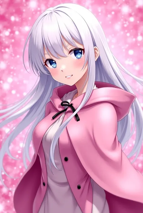 Female anime white skin long straight white hair light blue eyes smile with a smug fang pink coat with cape over her head pink background