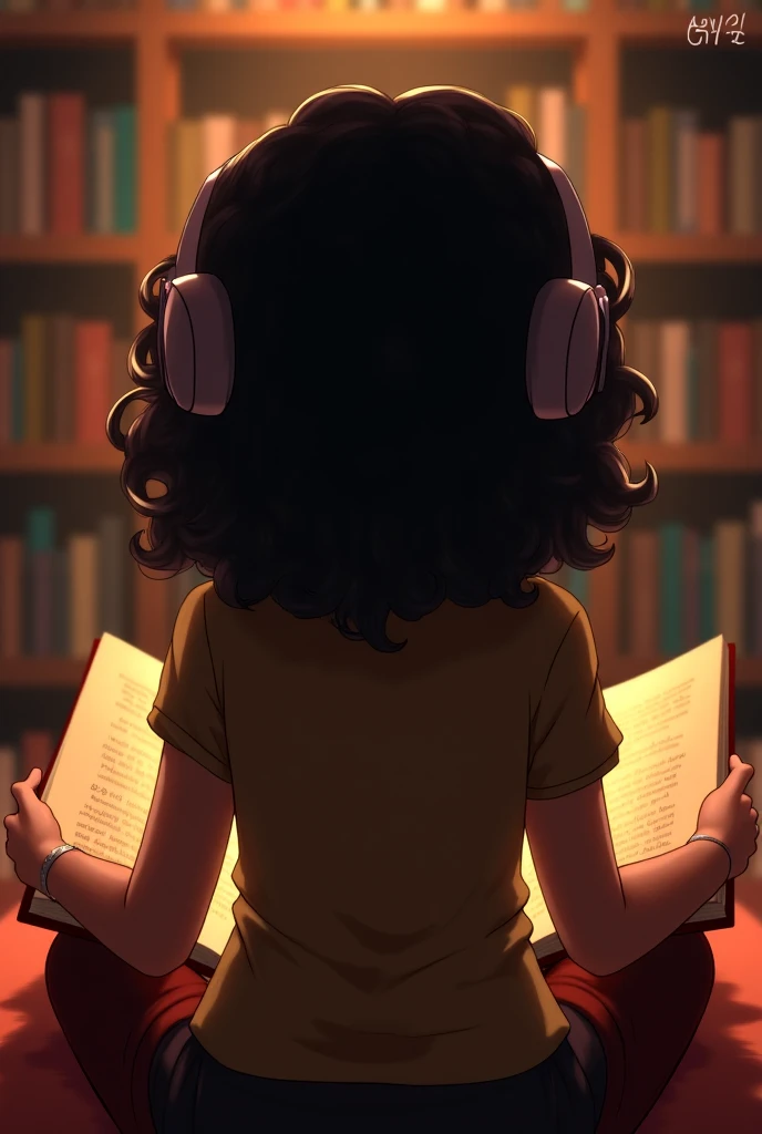  creates the image of a girl from behind ( you can't see the face ) Curly and black-haired girl with headphones reading a book