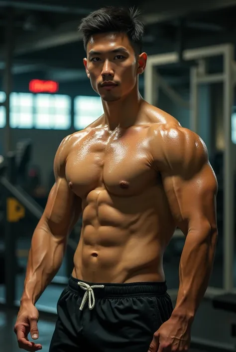 A young asian man with short square-shape face, huge dickprint, at the gym 