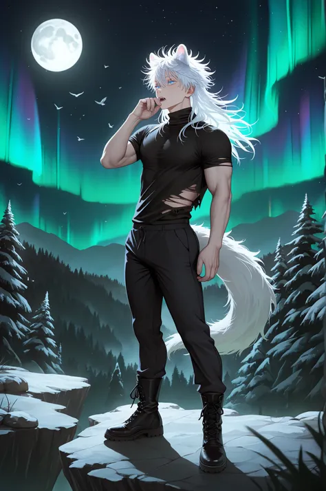 masterpiece, best quality, amazing quality, very aesthetic, absurdres, newest, scenery, vibrant colors,
1boy, male focus, gojou satoru, jujutsu kaisen, werewolf boy, wolf ears, tail, blue eyes, white eyelashes, white hair, messy hair, long hair, hair betwe...