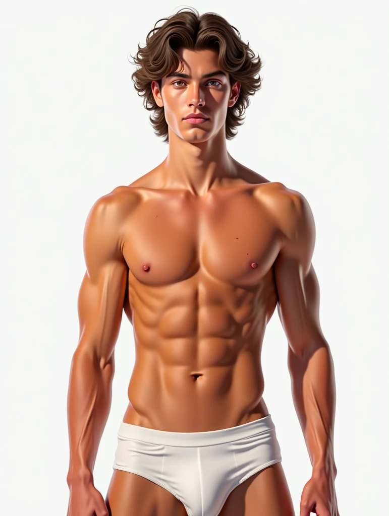 Art of a 21-year old Brazilian male pop star, tight white jock strap, wavy brown hair, freckles, hazel eyes, fit, handsome, against a white background
