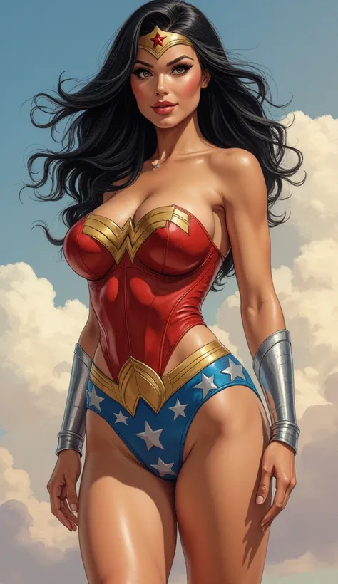 Detailed proportions and textures, multicoloured and softened airbrush brushstrokes, semi-realistic Chinese ink illustration A strong woman who looks like wonder woman (a superhero African American (full body pose, with a confident and bold posture, full l...