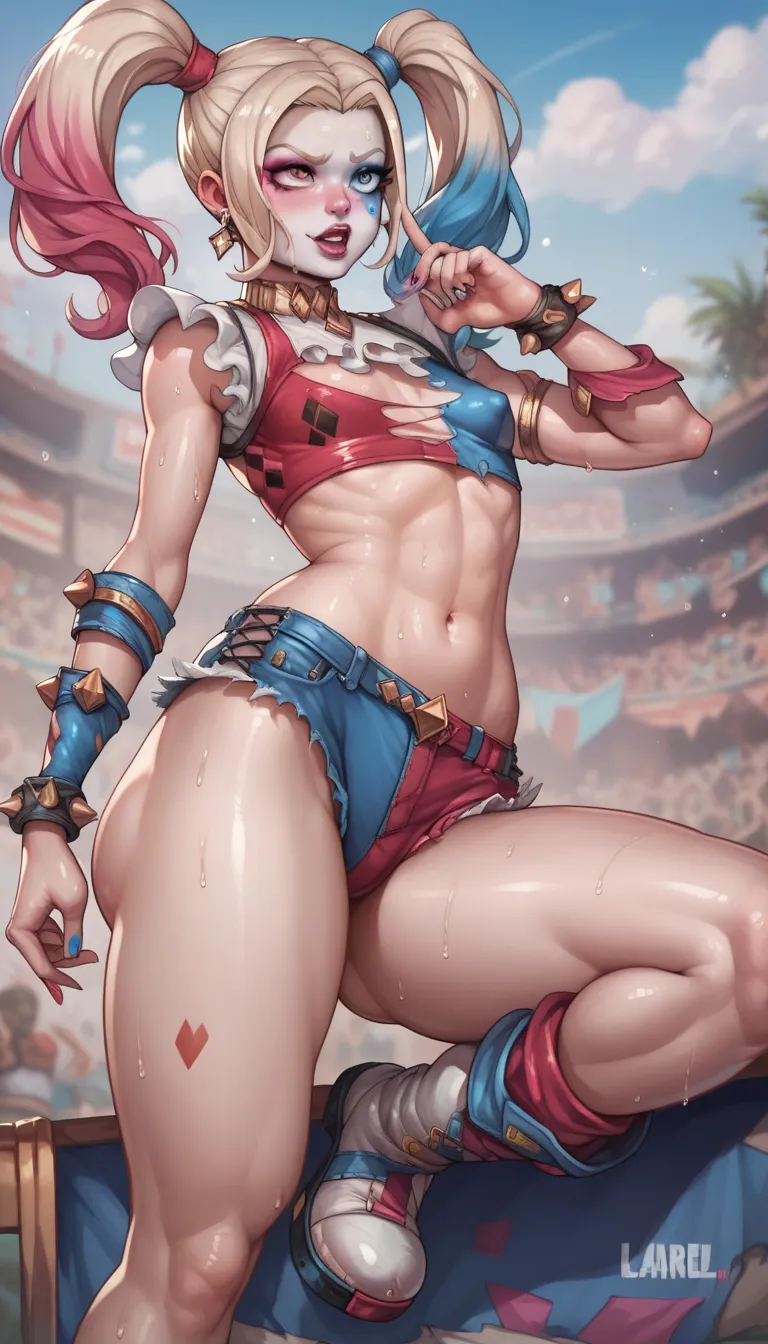 HARLEQUIN, harle quinn,   detailed skin,  thick thighs,  big ass,  small breasts, ripped cropped top, white boots, Sensual, Sweat,  best quality, 