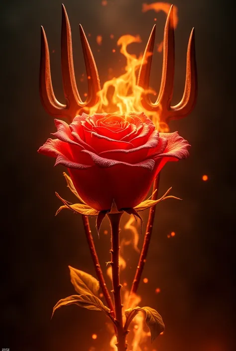 A rose on fire with two tridents in the back 