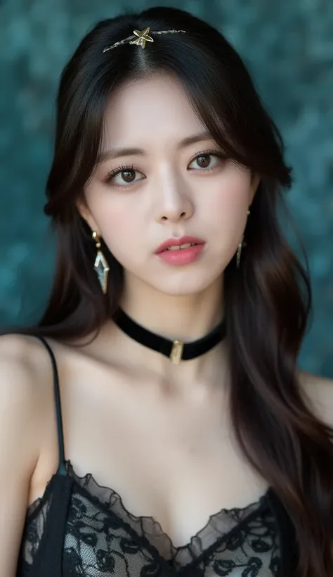 8k, masterpiece, highest quality, Korea's Beautiful Women, Close-up, frontal, slightly low-angle.  Dark, wavy hair, soft makeup, full lips, expressive eyes, fair skin. Lace camisole, velvet choker, gold star hairpiece, dangling earrings. Serene, slightly p...