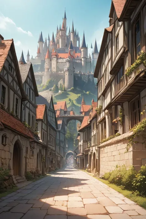 A beautiful medieval kingdom with a large castle in the background and well structured in dynamic perspective, better quality. 