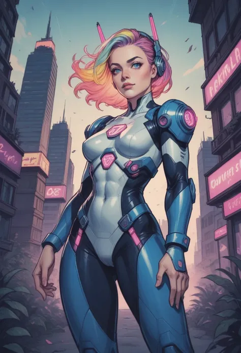 A young, cheerful woman with short, pastel-colored hair and glowing neon highlights, wearing a sleek, futuristic jumpsuit with holographic accents. She stands in a bustling sci-fi cityscape, surrounded by towering skyscrapers, flying vehicles, and vibrant ...