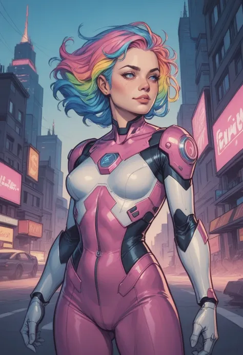 A young, cheerful woman with short, pastel-colored hair and glowing neon highlights, wearing a sleek, futuristic jumpsuit with holographic accents. She stands in a bustling sci-fi cityscape, surrounded by towering skyscrapers, flying vehicles, and vibrant ...