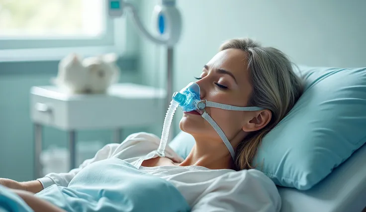 woman 45 years old with  artificial respiration apparatus, lay on hospital bed, bright atmosphere