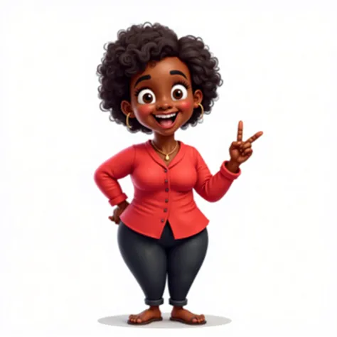 Create a full body cartoon character of an elderly black woman with African curly hair, no hat. She wears a red blouse and black pants. She has a warm, expressive and accepting facial expression. His posture is open and friendly, conveying approachability....