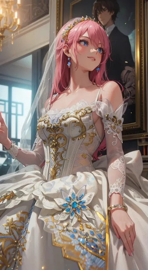 there is a woman in a wedding dress posing for a picture, robe. extremely high details, intricate ornate anime cgi style, detailed dress and face, anime barbie in white, look at that detail!, rococo cyberpunk, very detailed and rich clothing, extravagant d...