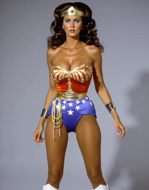 Lynda Carter as diving outfit Wonder Woman, sexy photoshoot in a blank gray background, full body photo, standing very sexy seductive posing, showing off hot legs and boots, ((( with eyes opened, mouth open, glossy lips )))，with a desperate sexy expression