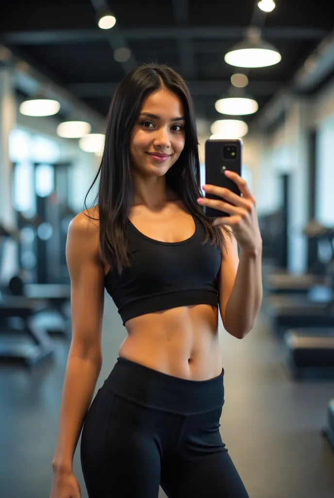 Here’s the prompt:

"A beautiful young girl with a toned and fit body, wearing athletic gear, standing in front of a mirror in a gym. Her straight black hair is neatly styled, cascading down her shoulders. She’s striking a confident pose while taking a sel...