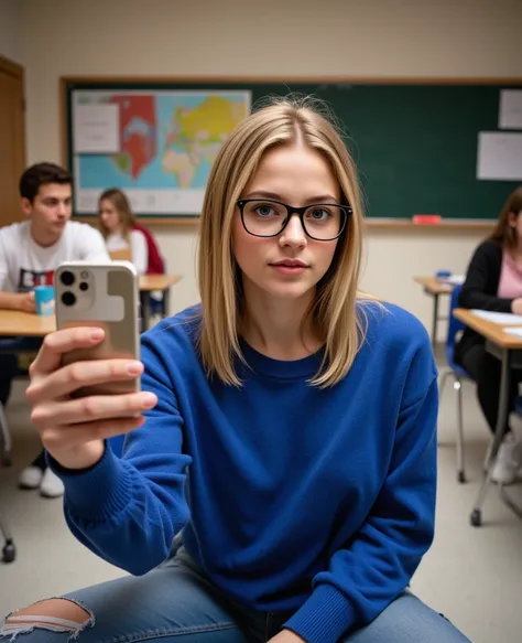 Selfie, An eighteen-year-old girl with light blond hair, Ponytail, with blue eyes, from Russia, wide buttocks and wide thighs, matte skin,  wears a blue sweater and ripped jeans , in the classroom,  full body view from above,  She always wears modern glass...