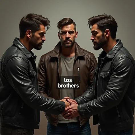 Three friends greeting each other with a long punch and one written in the middle "Los Brothers" Make the image a little more serious 