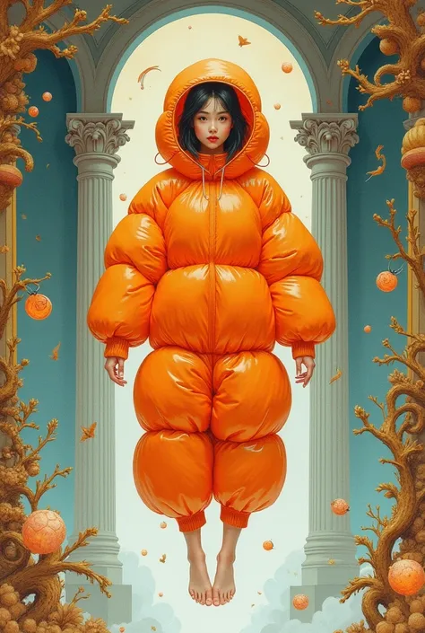 A detailed watercolor painting of a girl in an inflated orange plastic suit. Floating.. Style of Enki Bilal. Style of Philippe Druillet. Style of Moebius. Style of Métal Hurlant. Ornate background.