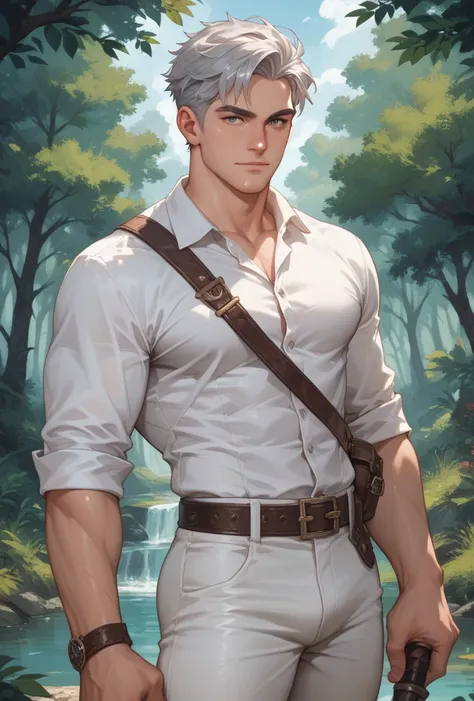 A big, strong man with silver hair, Does he have a 2-handed sledgehammer,  he wears a shirt only has 2 things that look like belts and he has white pants, Make a forest background with silver colors