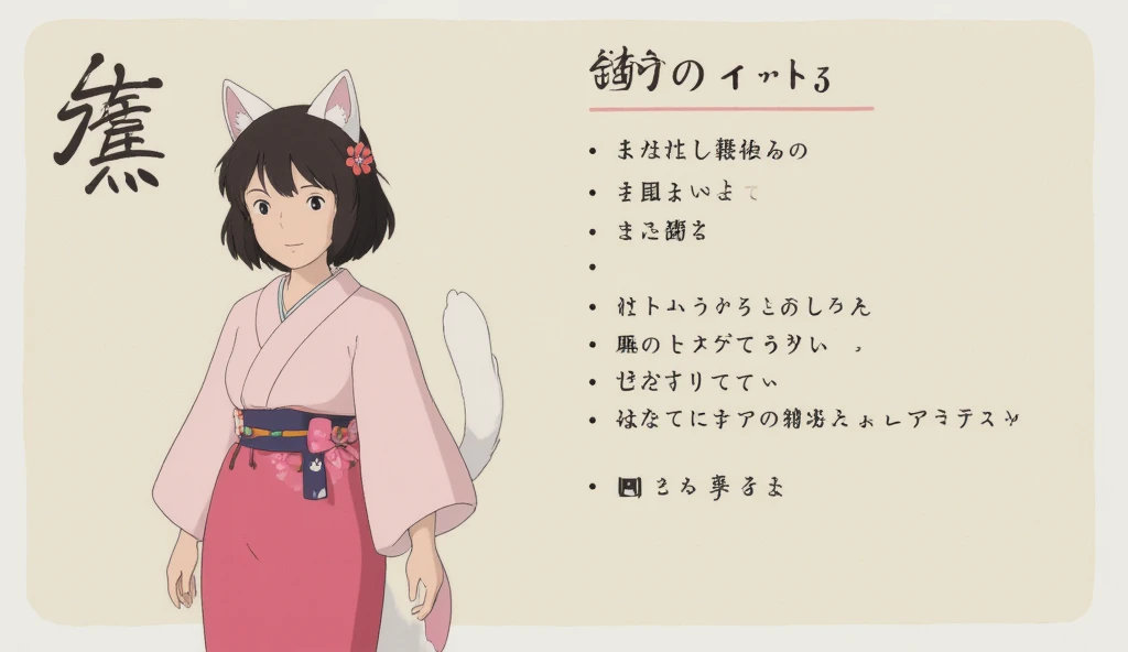 Moti is a Japanese girl with white cat ears and black hair with a flower stuck in it. She is dressed in a light pink kimono and a dark pink obi with a cat paw pattern. She is five years old. Character sheet.