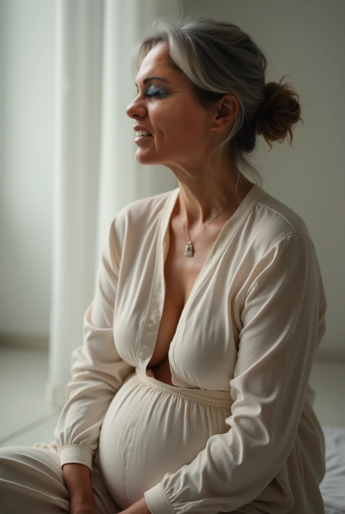 49-year-old woman sitting looking like her breast