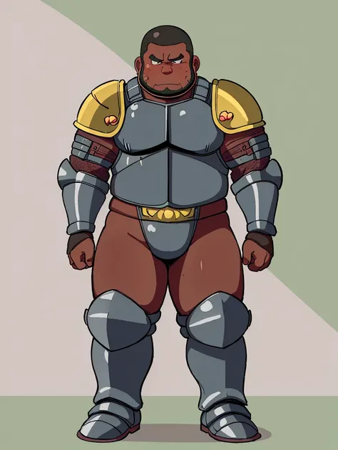 Cartoon network style , (masterpiece, best quality:1.2), 1man, solo, Chubby, Papa, Chubby , Dark-Tan skin , crew cut , ashamed face , Black armor , shoulder armor, breastplate, closed mouth, pauldrons , standing , boots , full body