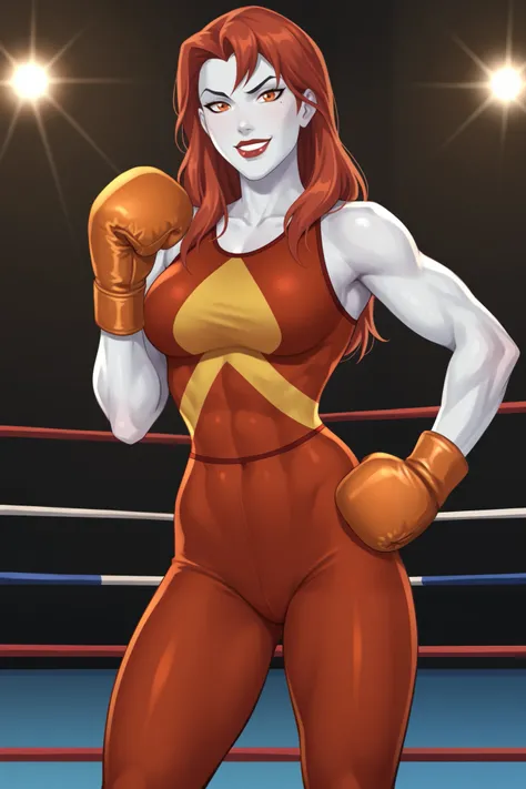 PonyXLV6_Scores BREAK (perfect anatomy, perfect eyes), BREAK mgann morzz, red hair, colored skin, white skin, orange eyes, makeup, lipstick, flirting, raised eyebrow, ((looking at viewer)), superhero, dark orange boxing gloves, curvy, toned, athletic, brea...